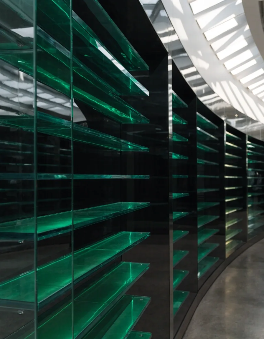 Layered acrylic shelf interior in a bright computer-mall aisle, lit panels receding