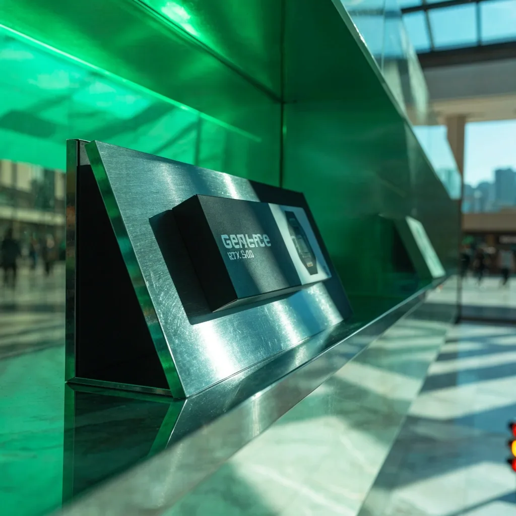 Packaged flagship RTX 50-series card on a chrome tray inside a lit emerald acrylic shelf panel