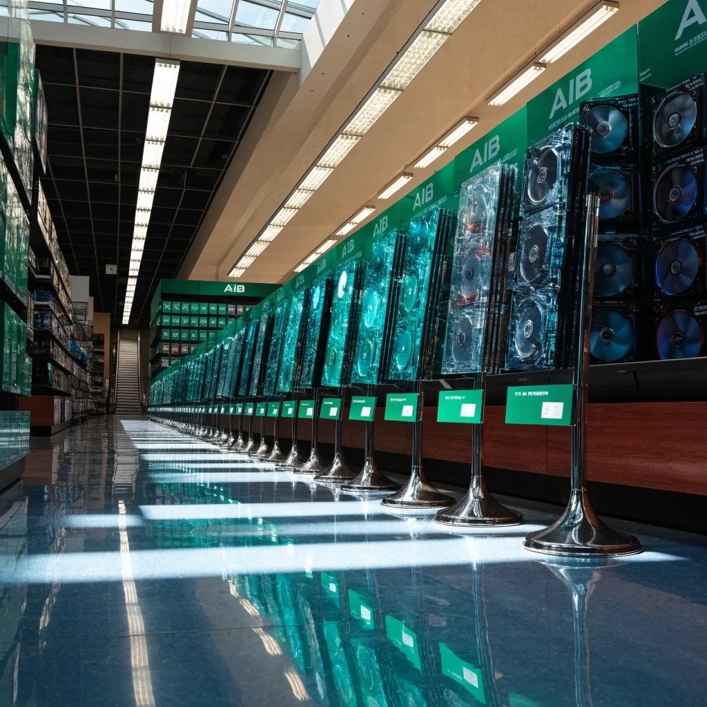 Bright mall aisle leading toward a lit emerald GPU display shelf