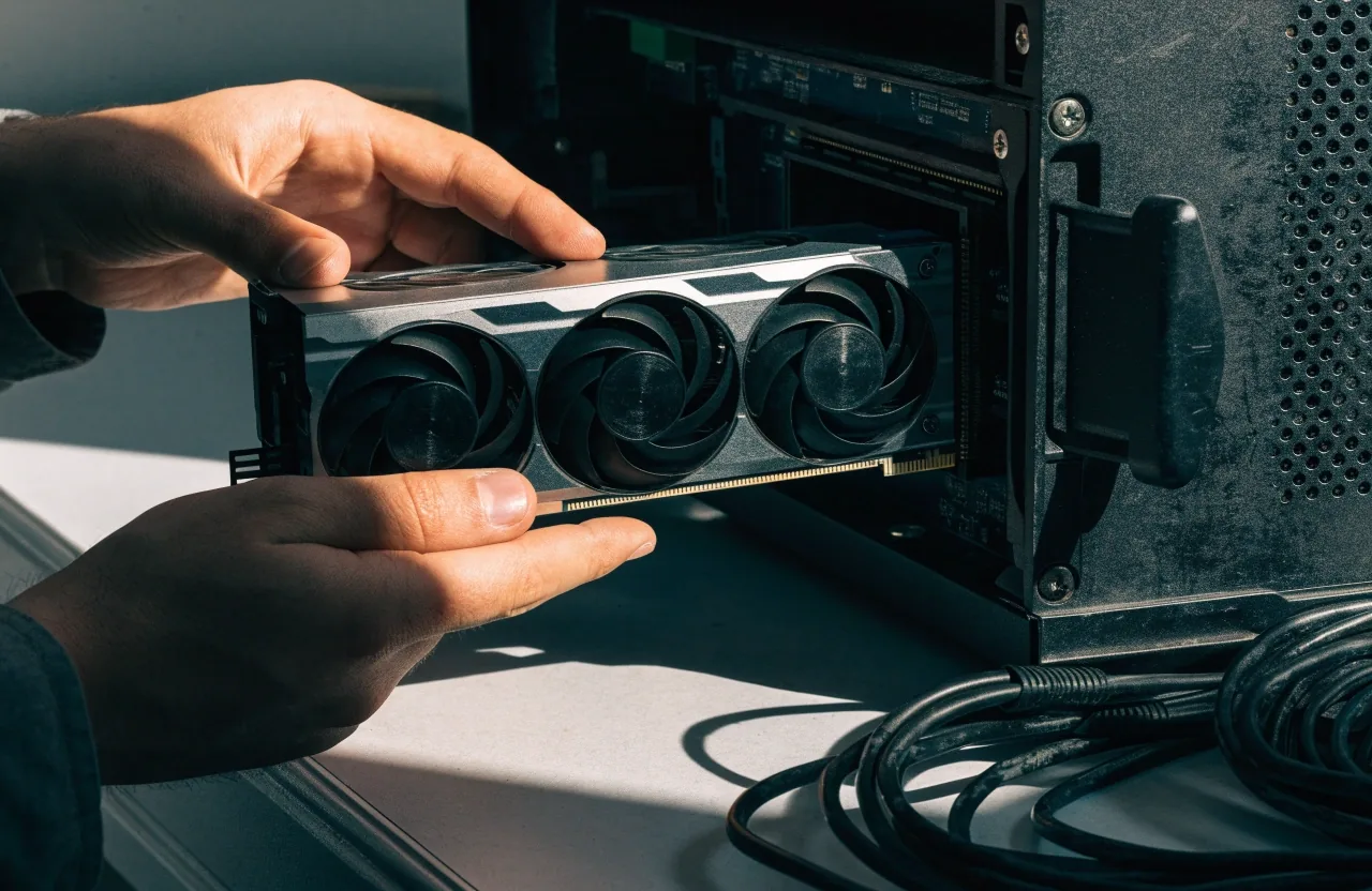 Hands seating a graphics card into an open case slot on a bright workbench