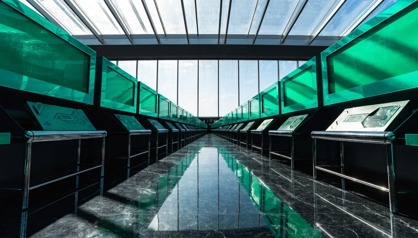 Lit GPU display shelves receding down a bright mall concourse in Seoul