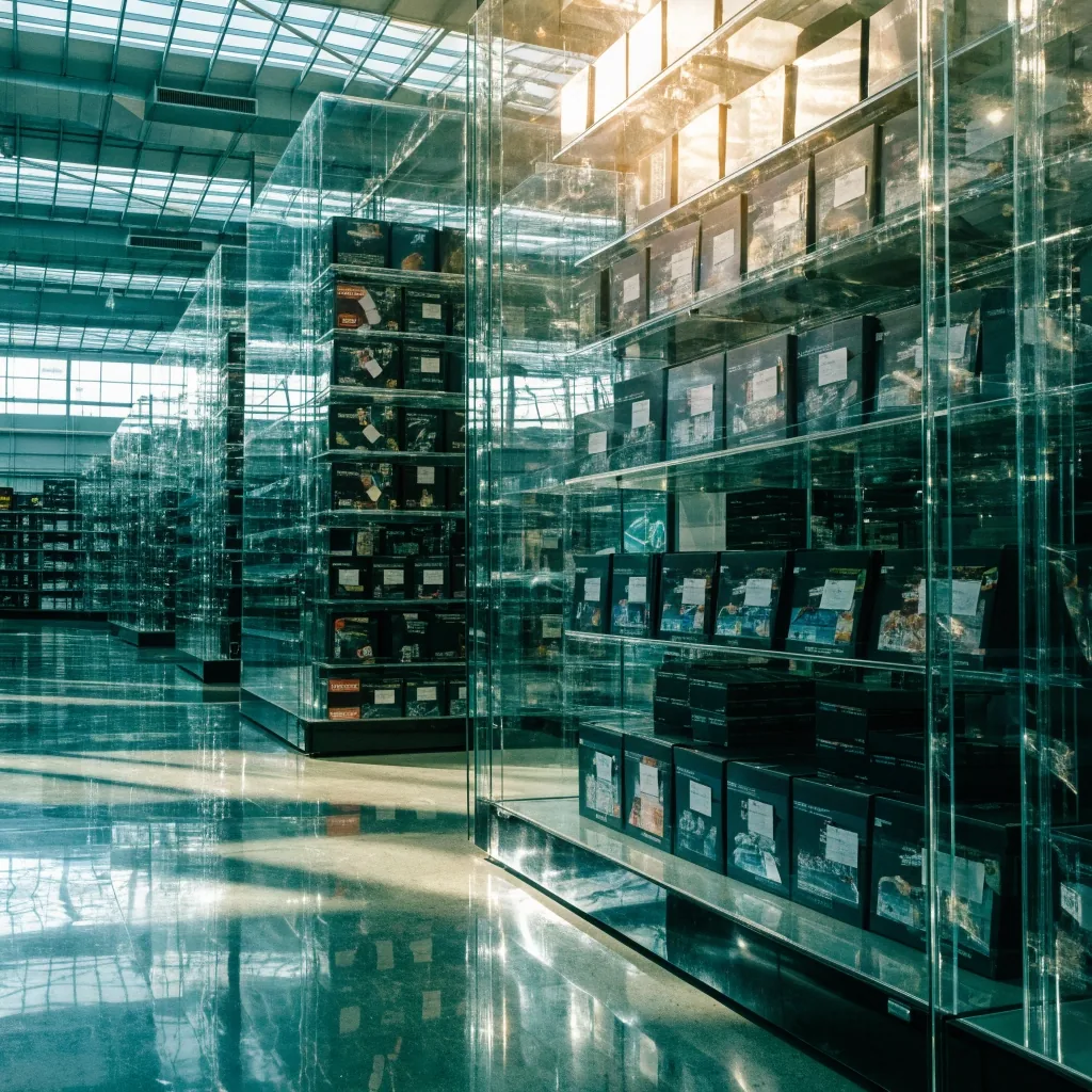 Lit glass display shelves in a bright electronics hall, seen from walking distance with noon daylight raking across the panel edges
