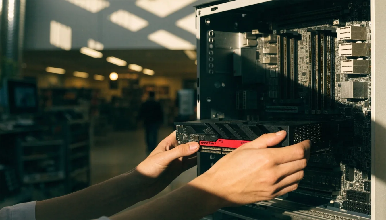 Flagship graphics card on a chrome tray inside a lit acrylic shelf, noon light raking the shroud