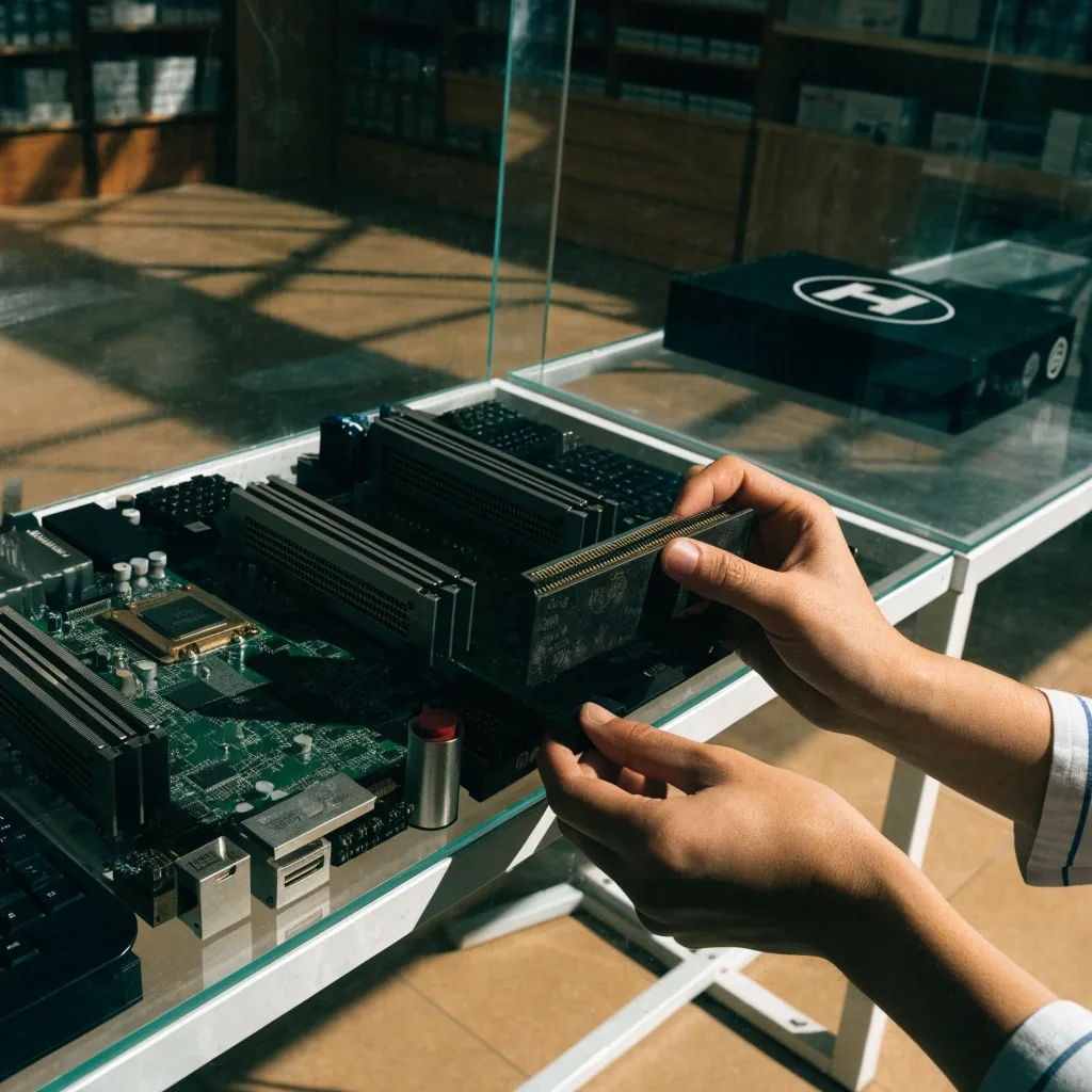 Hands lowering a graphics card toward an open PCIe x16 slot on a build bench