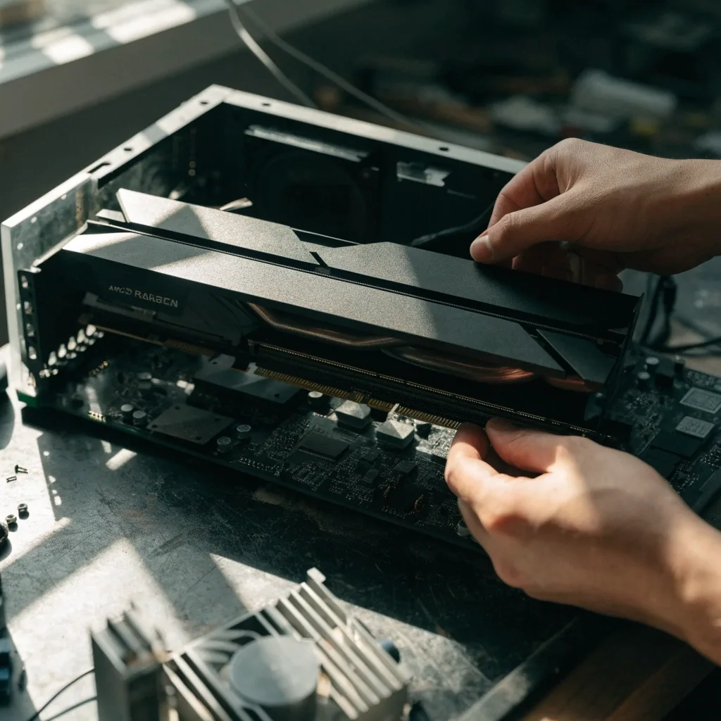 Hands lowering a graphics card toward an open PCIe x16 slot on a work bench