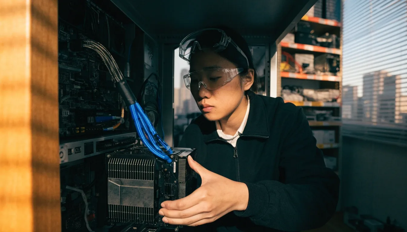 Liquid-cooling loop and cold plate on a high-end graphics card under cool bright daylight