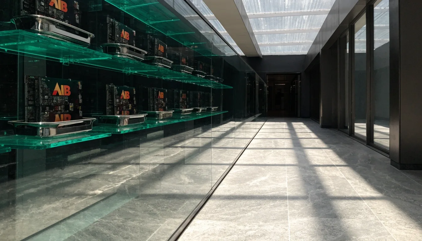 A row of lit emerald acrylic shelves holding graphics cards on chrome trays in a daylight mall aisle, seen from walking distance