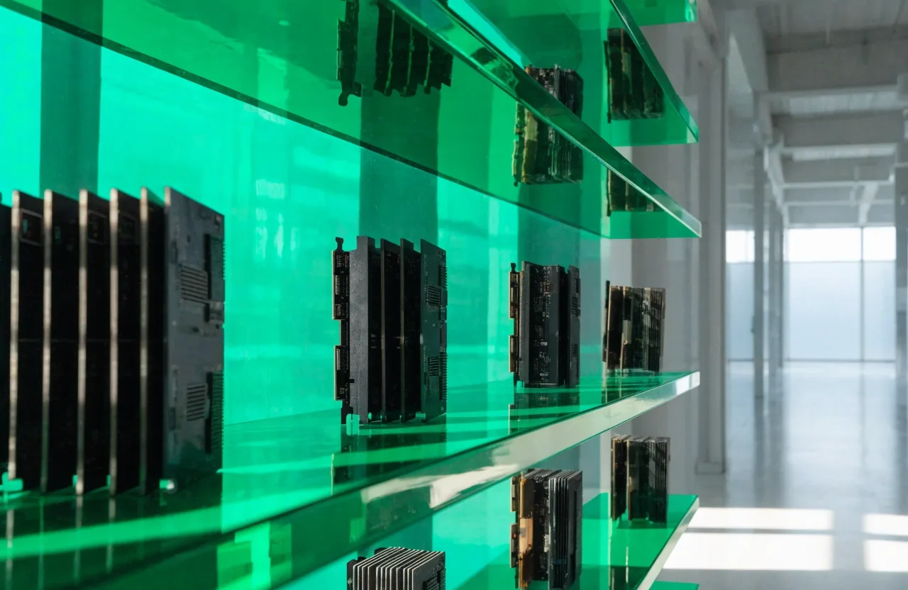 Graphics cards standing on emerald acrylic shelves lit by mall daylight, panels receding into focus
