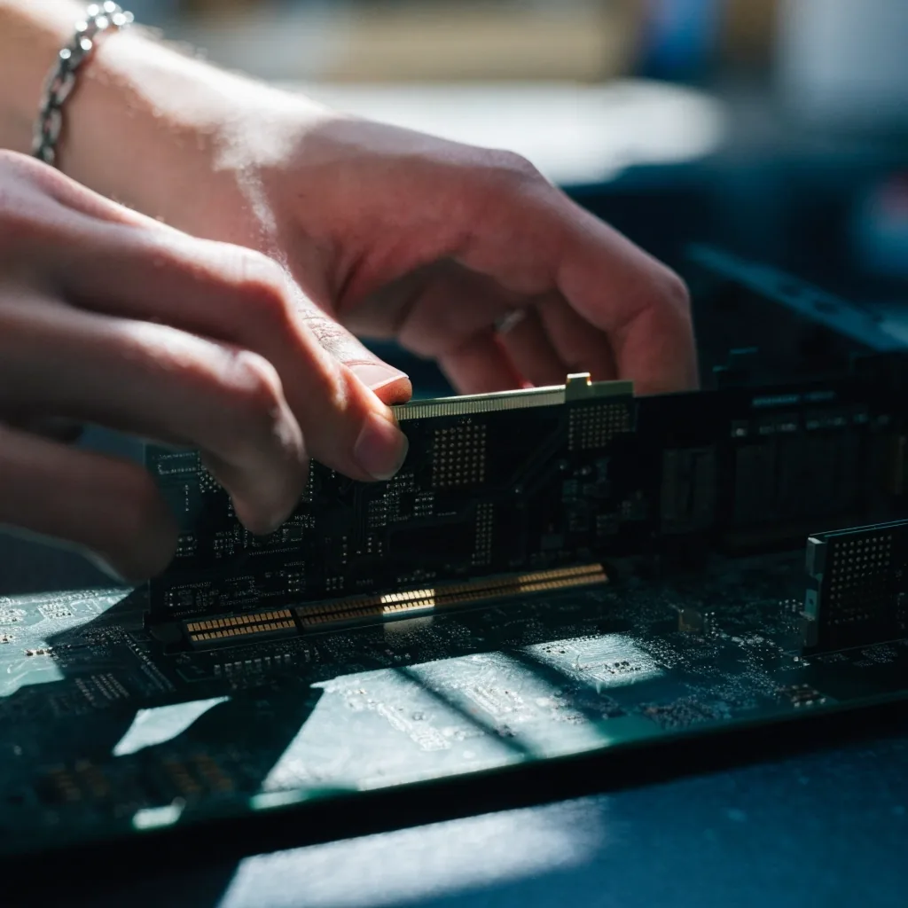 Hands lowering a graphics card into a PCIe x16 slot on a bench under cut daylight