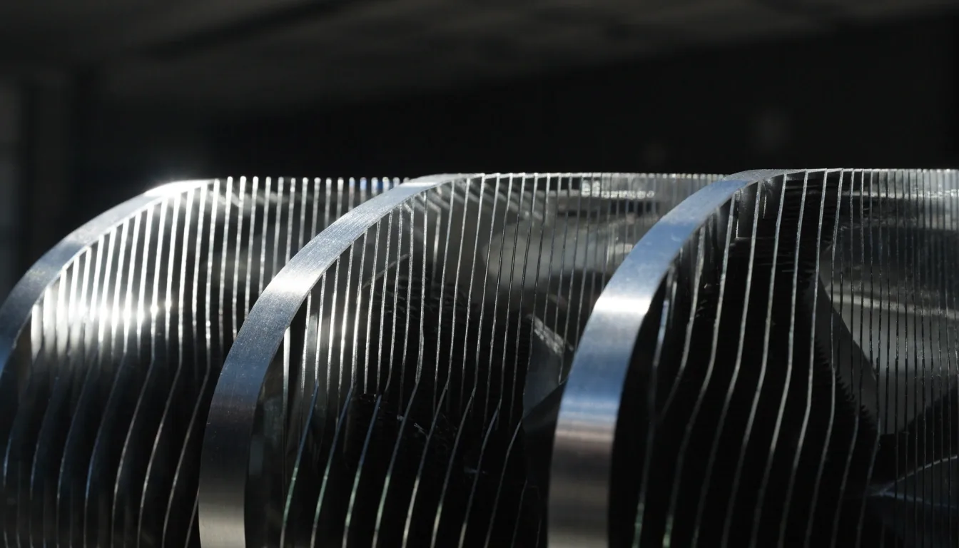Three-quarter macro of a triple-fan graphics card shroud with light skating along the fins