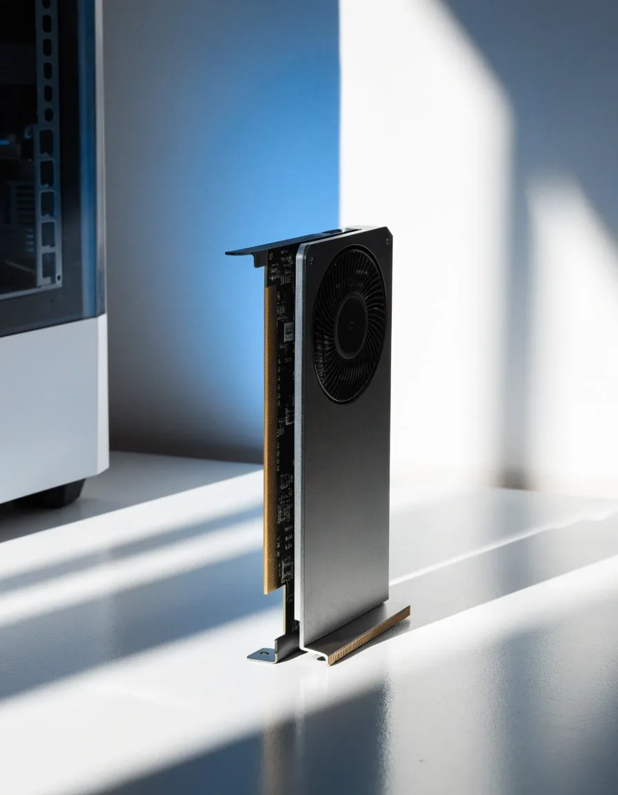 Upper-midrange graphics card standing on a pale surface with a case edge for size reference