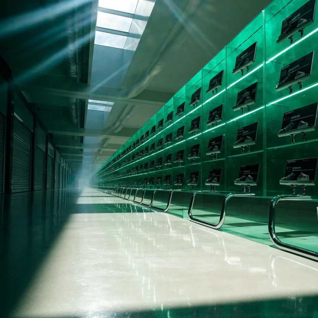 Lit acrylic shelf panels holding graphics cards inside a bright mall concourse, seen from a walking distance