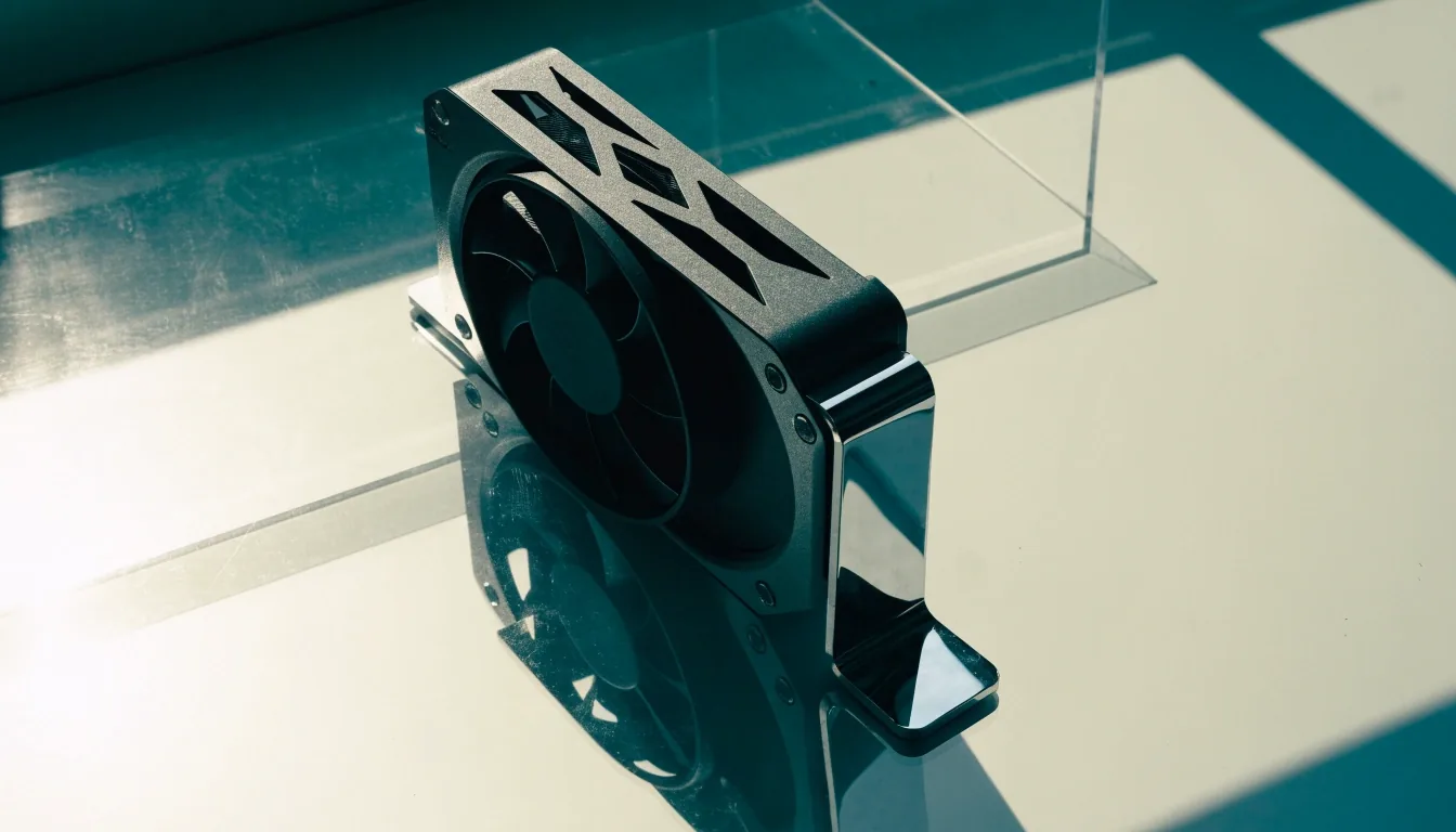 Three-quarter view of a graphics card shroud and backplate on a pale floor under hard daylight
