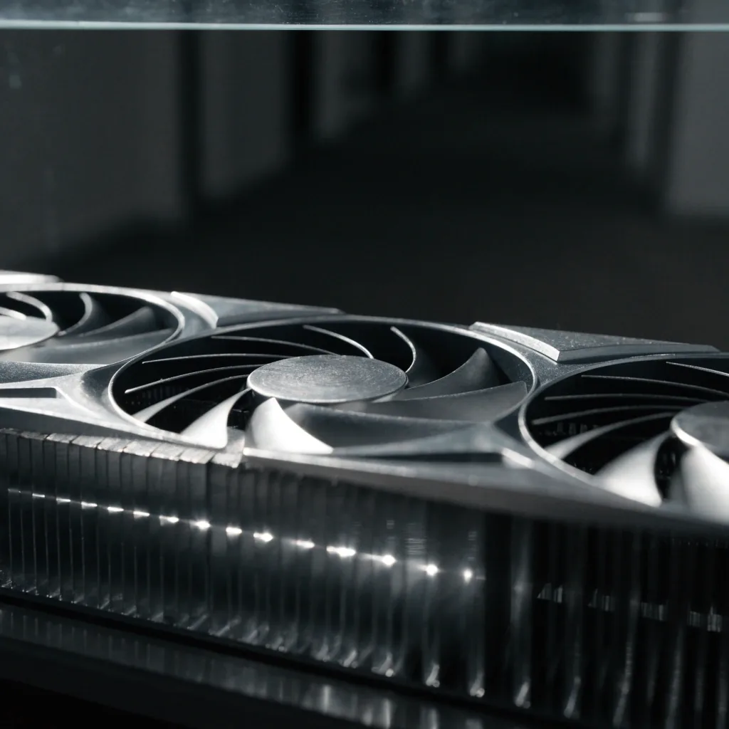 Three-quarter macro of a triple-fan graphics card shroud with noon light skating across the fins