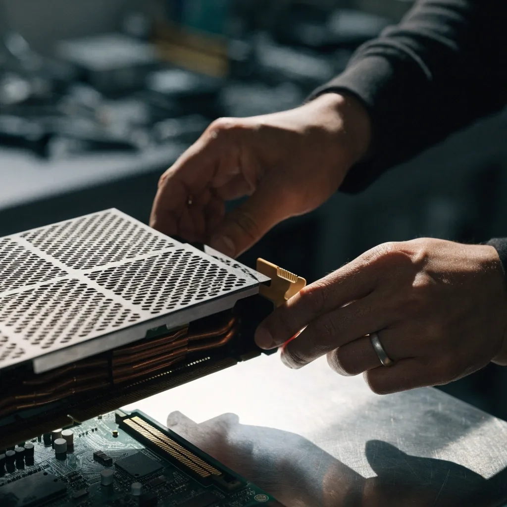 Two hands lowering a graphics card into an open PCIe x16 slot on a work surface