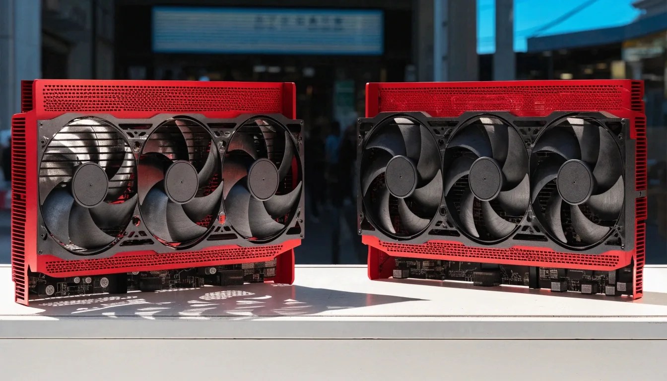 Hands seating a large graphics card into a PCIe x16 slot on a workbench