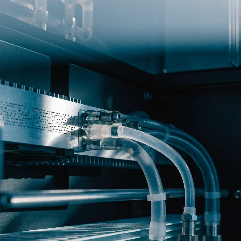 Three-quarter crop of a liquid-cooling loop and radiator on a premium graphics card