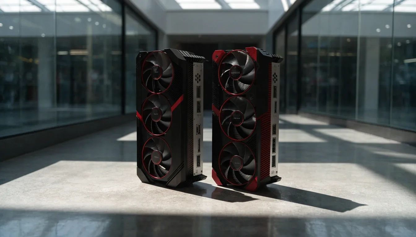 Two flagship graphics cards standing side by side on a bare surface under hard mall light