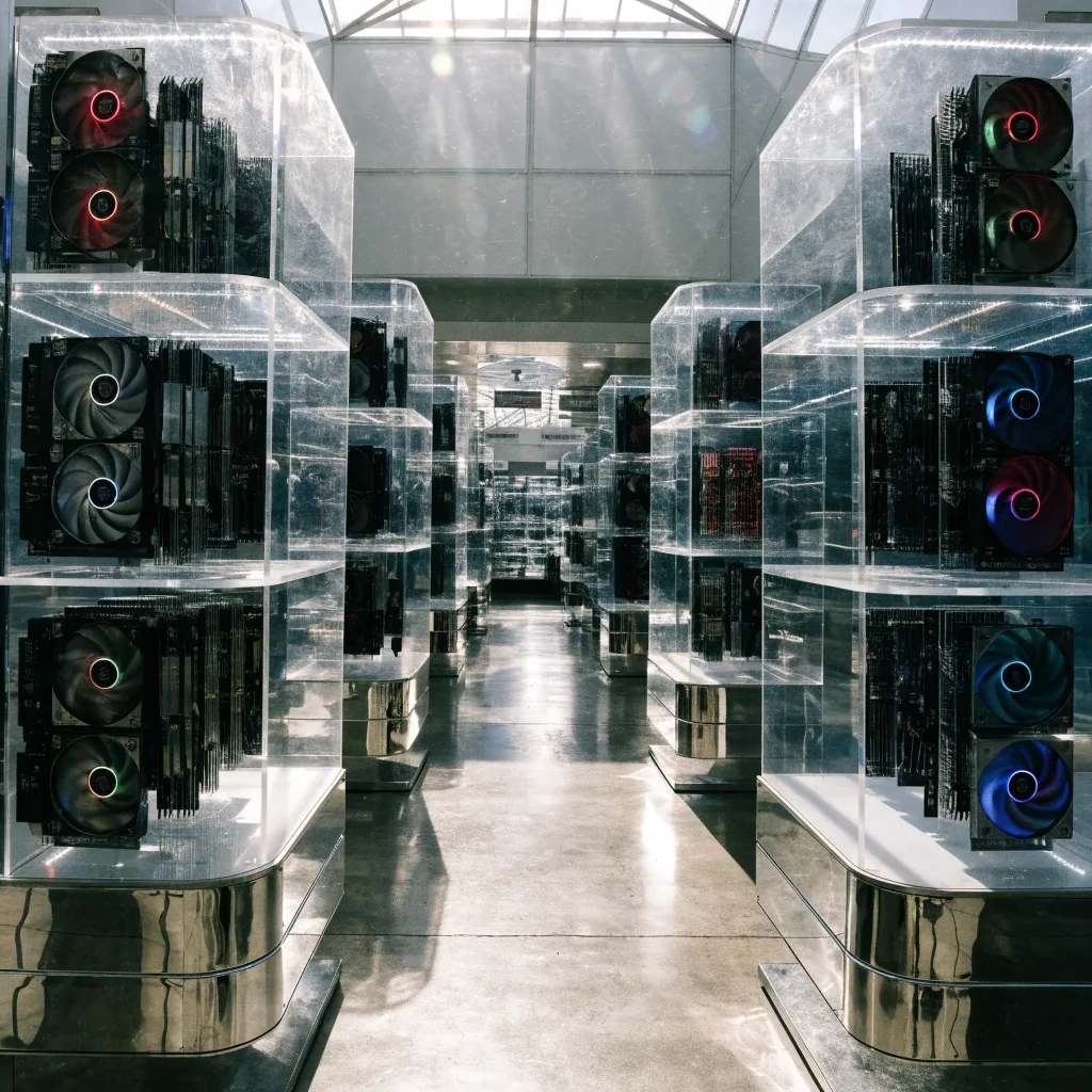 Lit acrylic display panels holding graphics cards receding down a bright mall aisle
