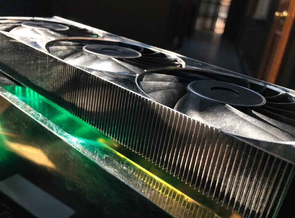 Macro of a graphics card triple-fan shroud with daylight across the aluminium fins